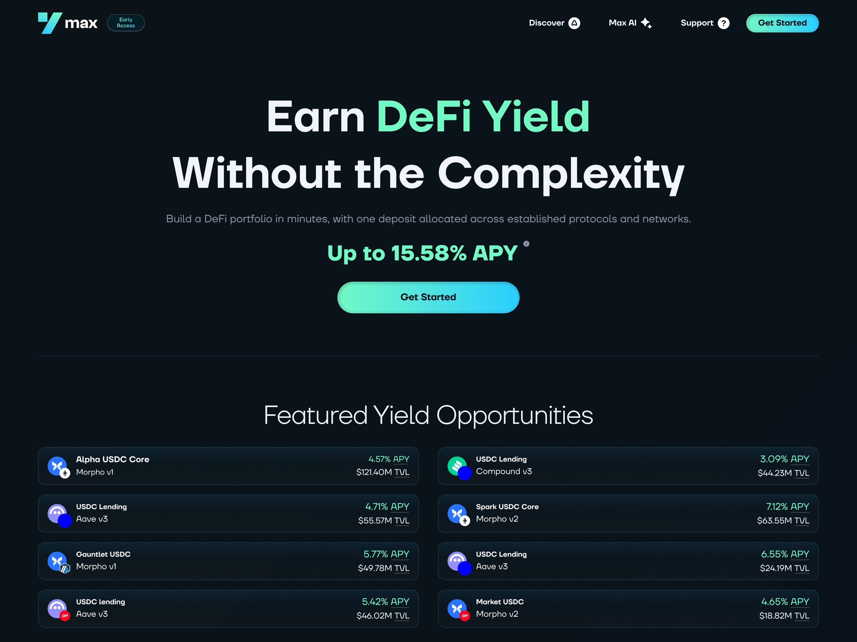 yMax landing page with featured yield opportunities