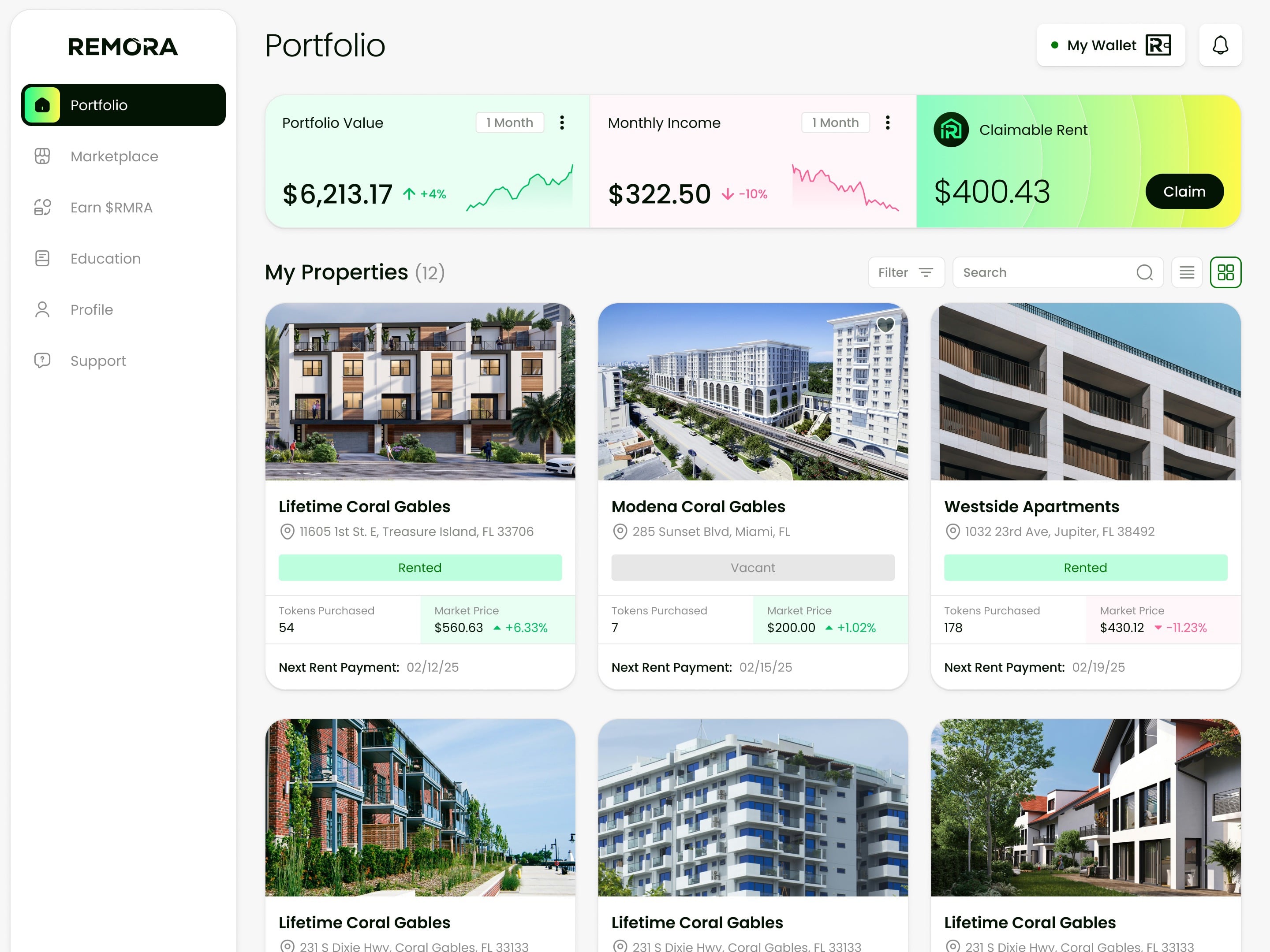 Remora portfolio dashboard — tokenized properties and claimable rent